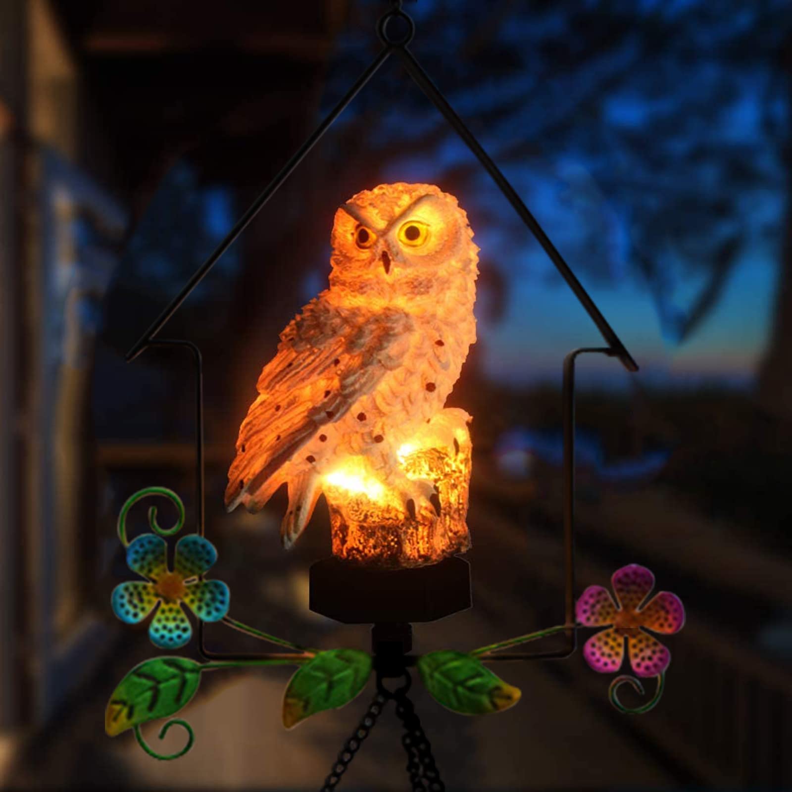 Solar-Powered Owl Wind Chime with Illuminated Owl - White