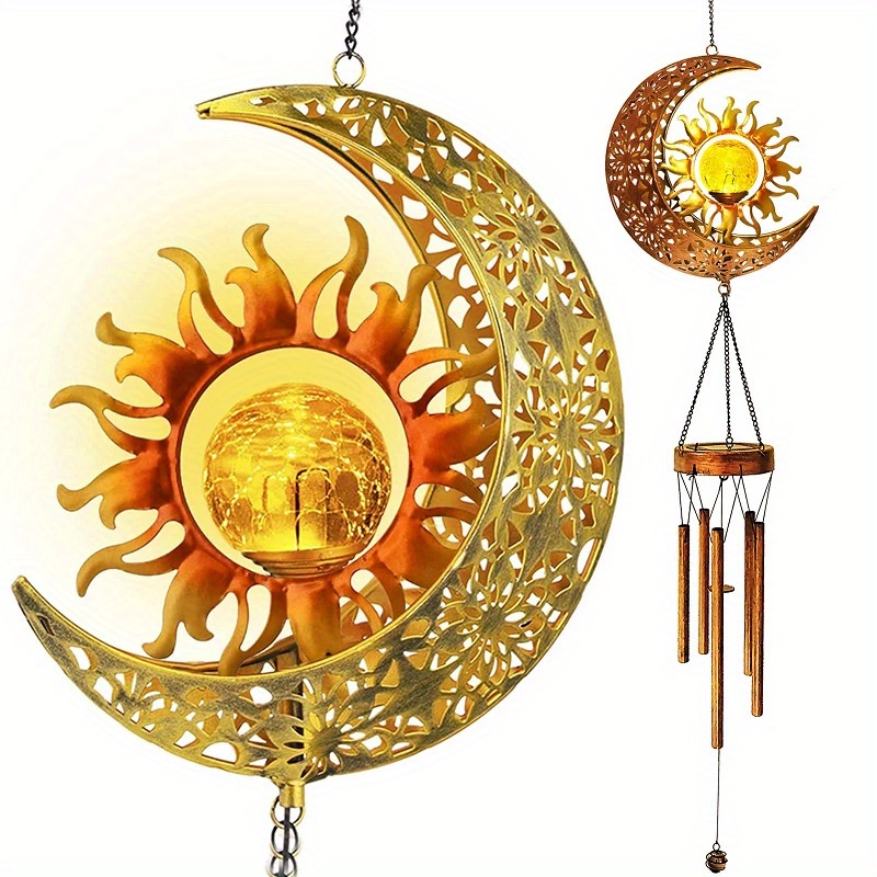 Solar Wind Chimes Outdoor Garden Decorative Wind Chime Light With Cracked Ball-Waterproof Metal LED Hanging Chime Decor (Moon & Sun)