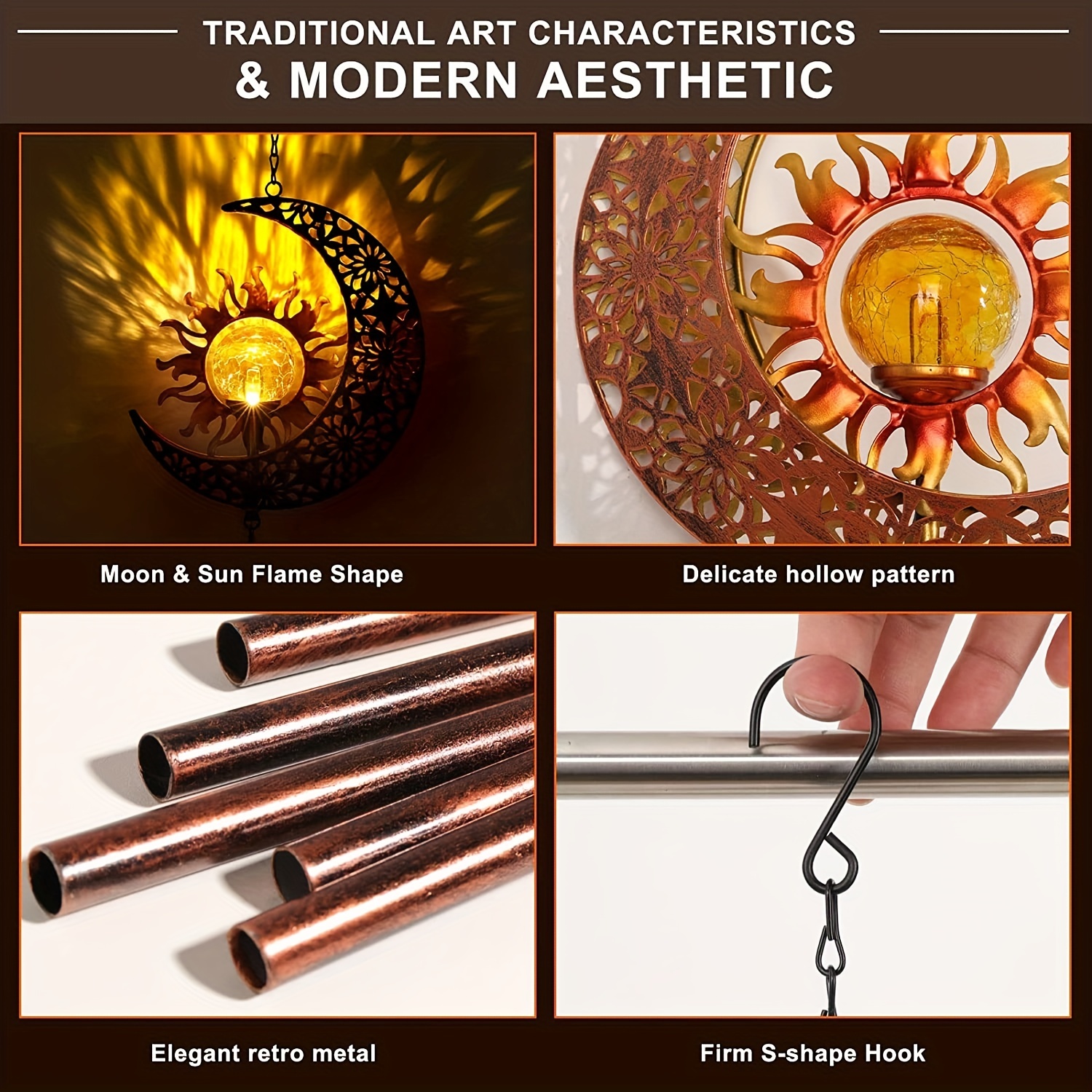 Solar Wind Chimes Outdoor Garden Decorative Wind Chime Light With Cracked Ball-Waterproof Metal LED Hanging Chime Decor (Moon & Sun)