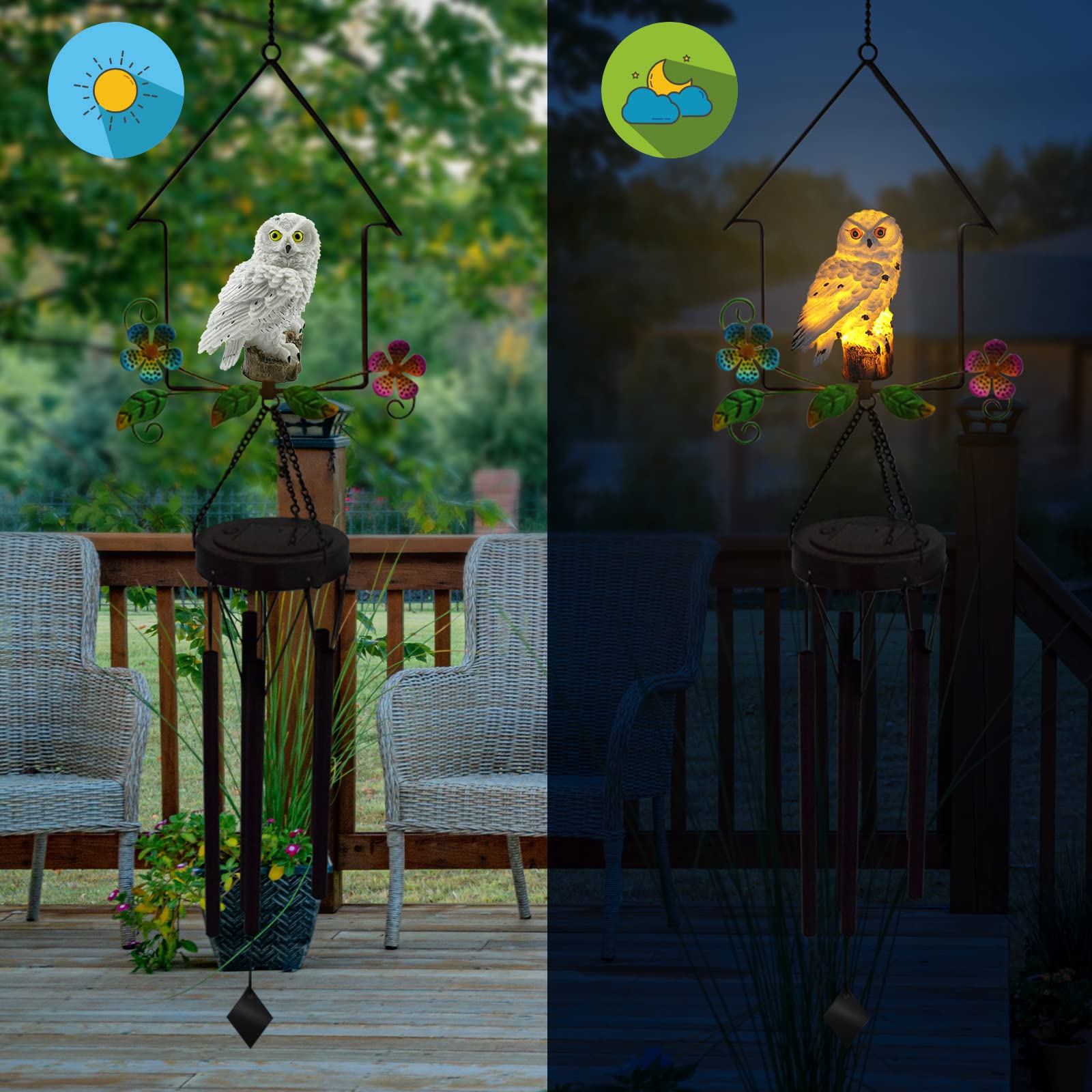 Solar-Powered Owl Wind Chime with Illuminated Owl - White