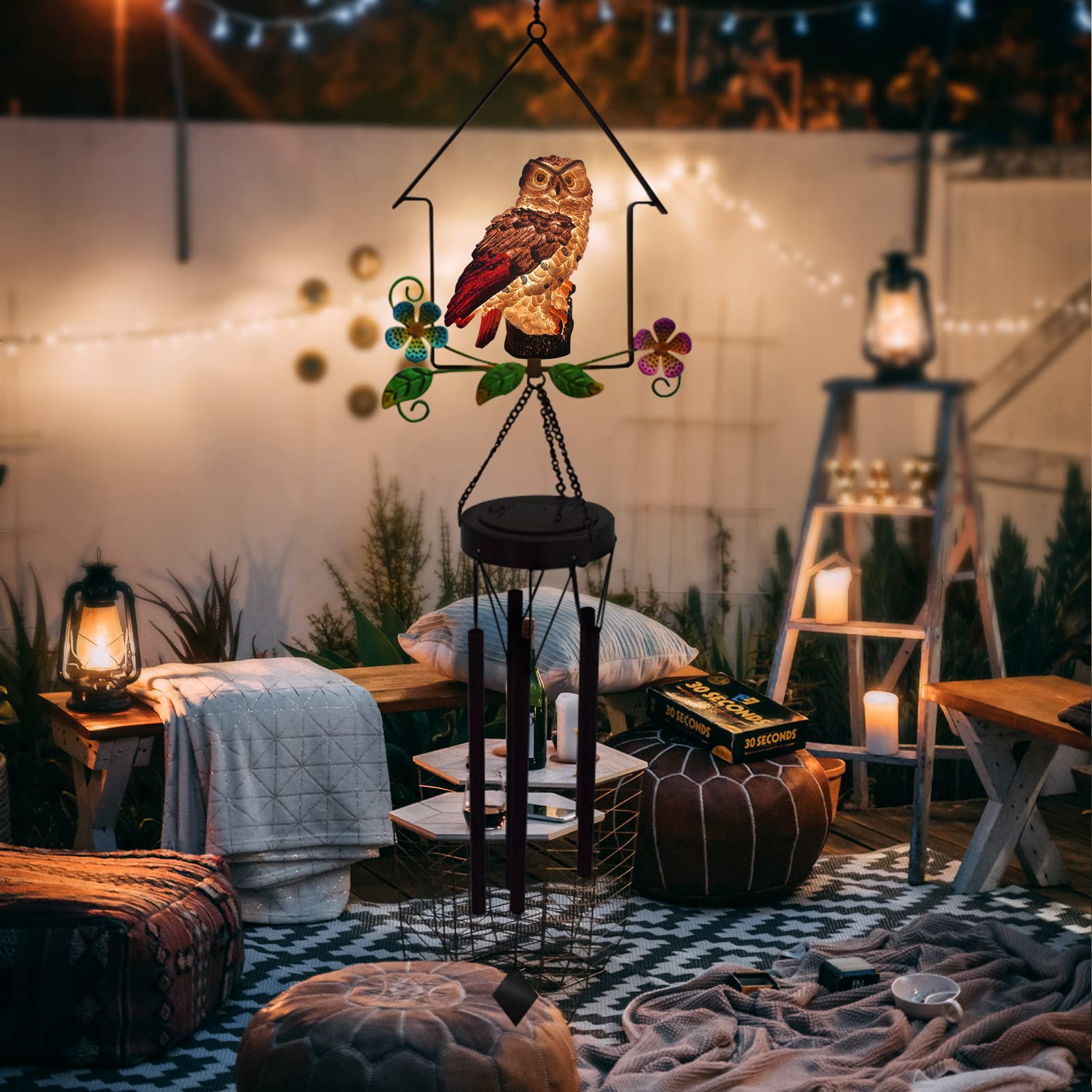 Solar-Powered Owl Wind Chime with Illuminated Owl
