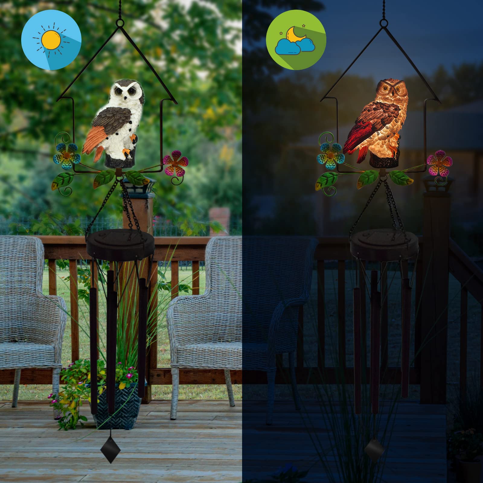 SolarPowered Owl Wind Chime with Illuminated Owl