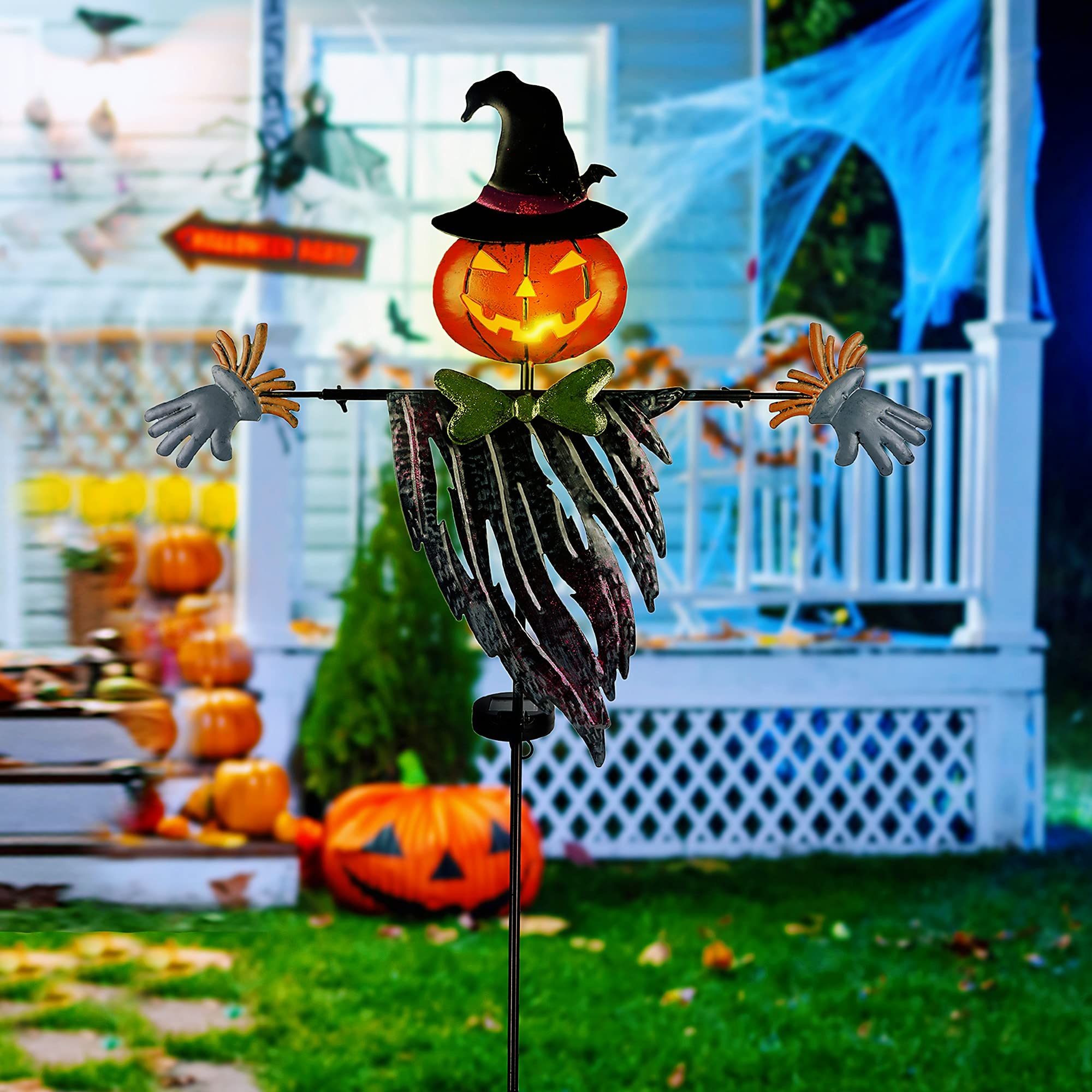 Halloween Solar Powered Pumpkin Hair Light Up Scarecrow Metal Ground Stakes