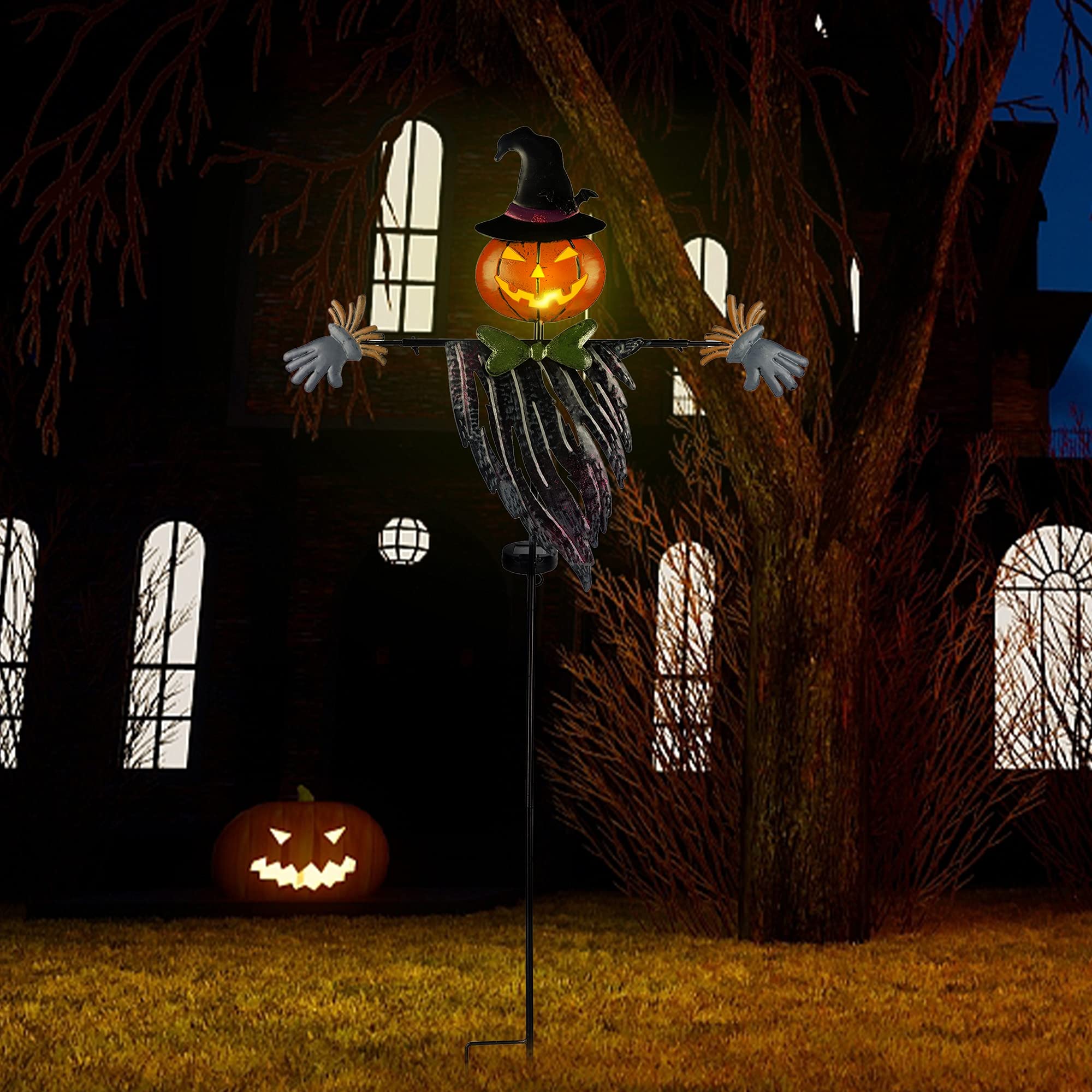Halloween Solar Powered Pumpkin Hair Light Up Scarecrow Metal Ground Stakes