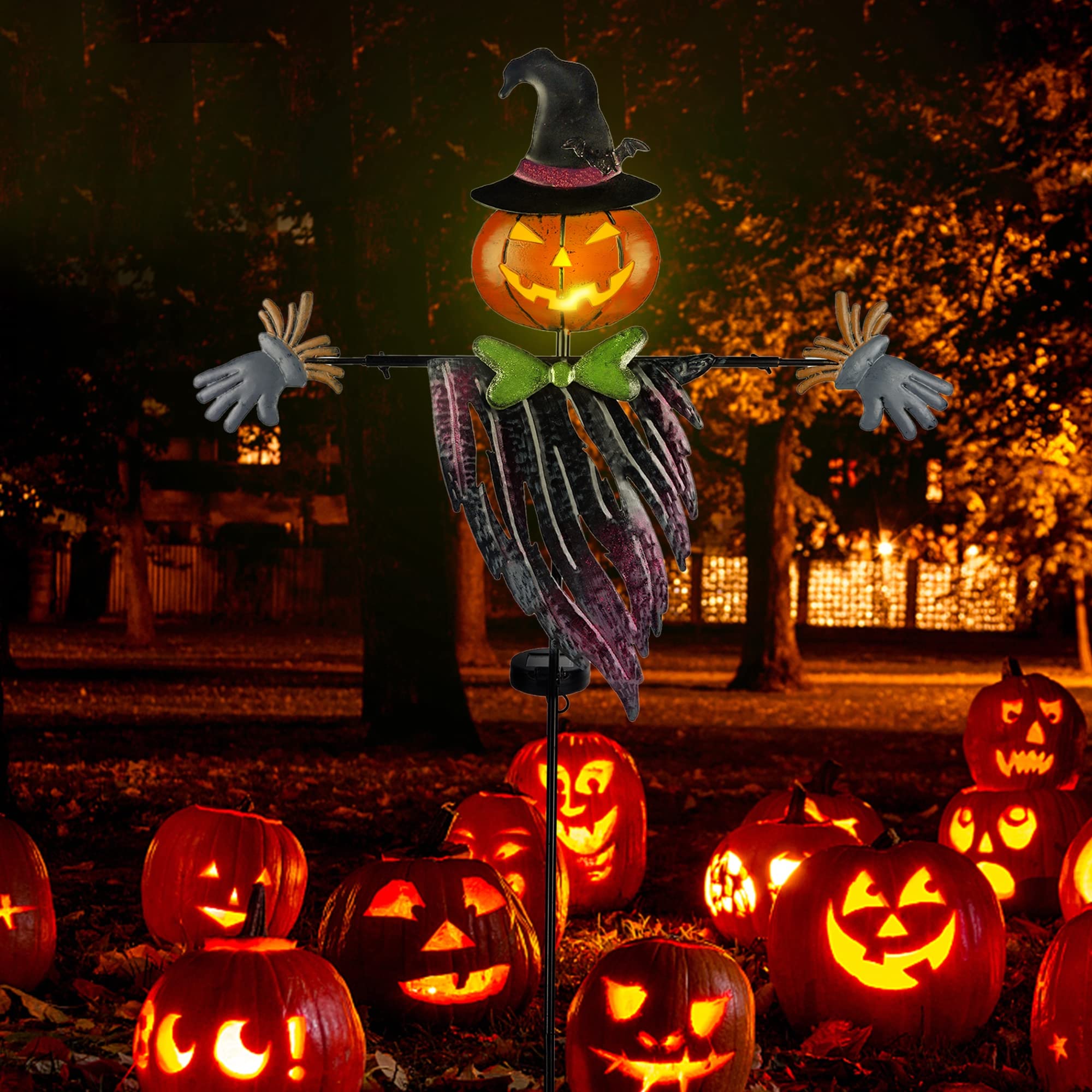 Halloween Solar Powered Pumpkin Hair Light Up Scarecrow Metal Ground Stakes