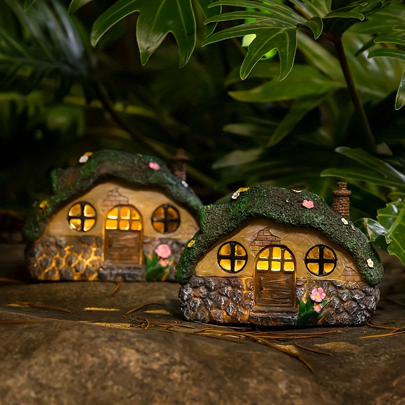 Solar Garden Statue Lights, Fairy Garden House Cottage Figurines Solar Powered Resin Sculpture Outdoor Decor Light For Patio, Lawn, Yard Art Decoration, Housewarming Gift (Resin)
