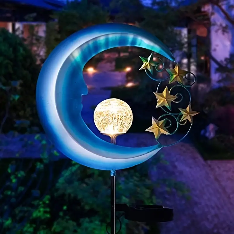 1pc solar outdoor lights garden decor iron art blue moon star ground outdoor waterproof patio decor pathway landscape lights details 1