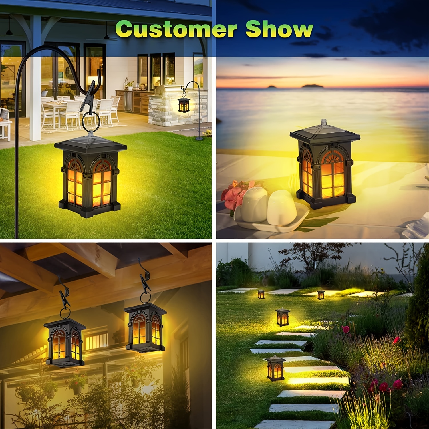 Solar Lantern, IP65 Waterproof Solar Outdoor Lights With Flickering Flame Outdoor Lighting Halloween Decorations