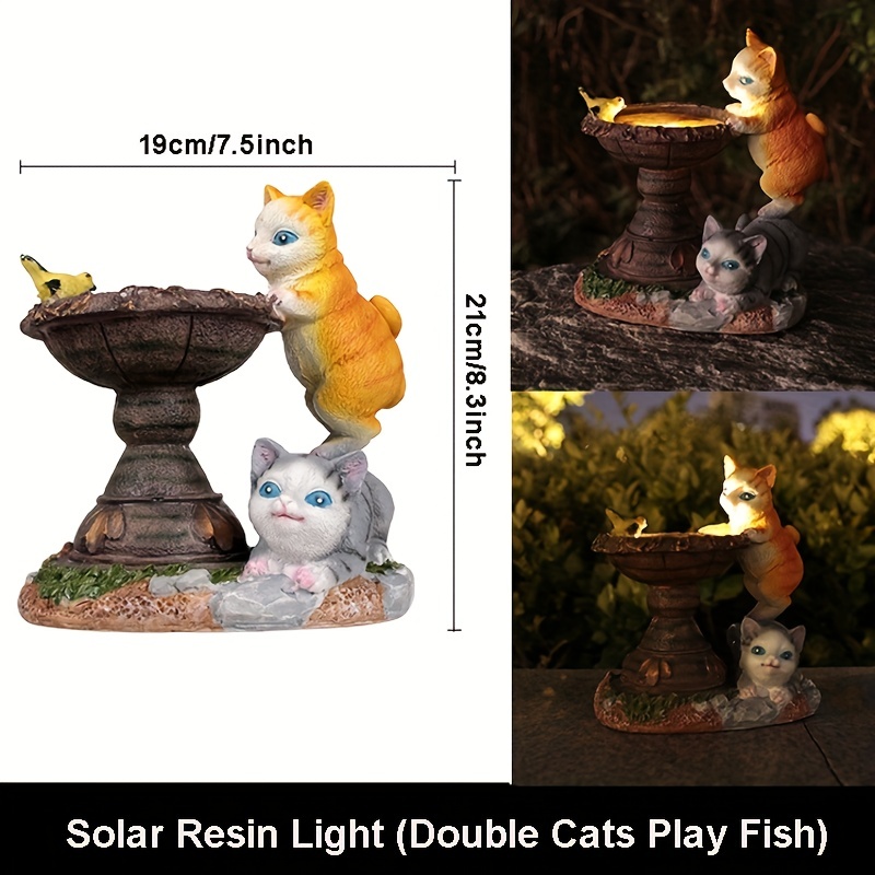 1pc Resin Animal Solar Figurine Lights, Outdoor Solar LED Double Cats Play Fish Decor, Solar Animal Lawn Light Waterproof Solar LED Light Outdoor Decoration, Landscape Lighting & Accessories
