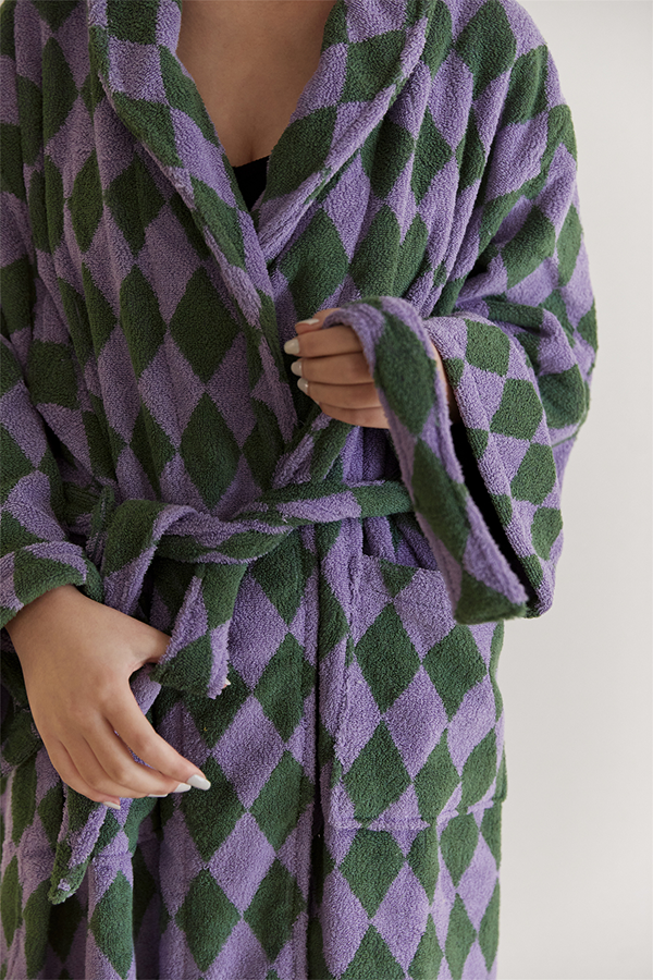 HomeArtique Home Wear Purple Green Diamond Board Long-staple Cotton Bathrobe