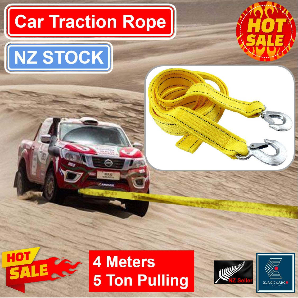 Heavy-Duty Vehicle Tow Strap Tow Rope with Hooks Recovery Rope 5Tons 4Meters
