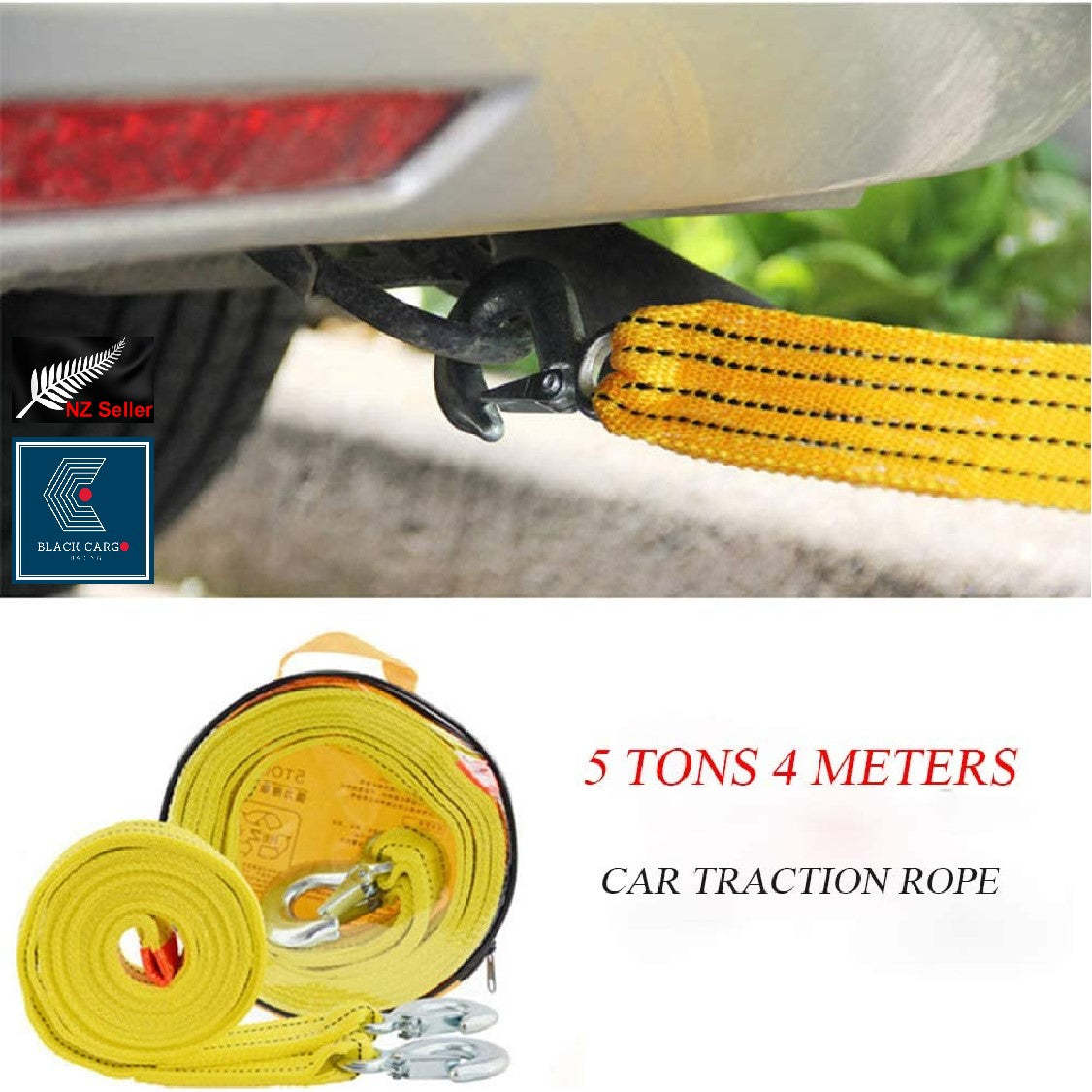 Heavy-Duty Vehicle Tow Strap Tow Rope with Hooks Recovery Rope 5Tons 4Meters