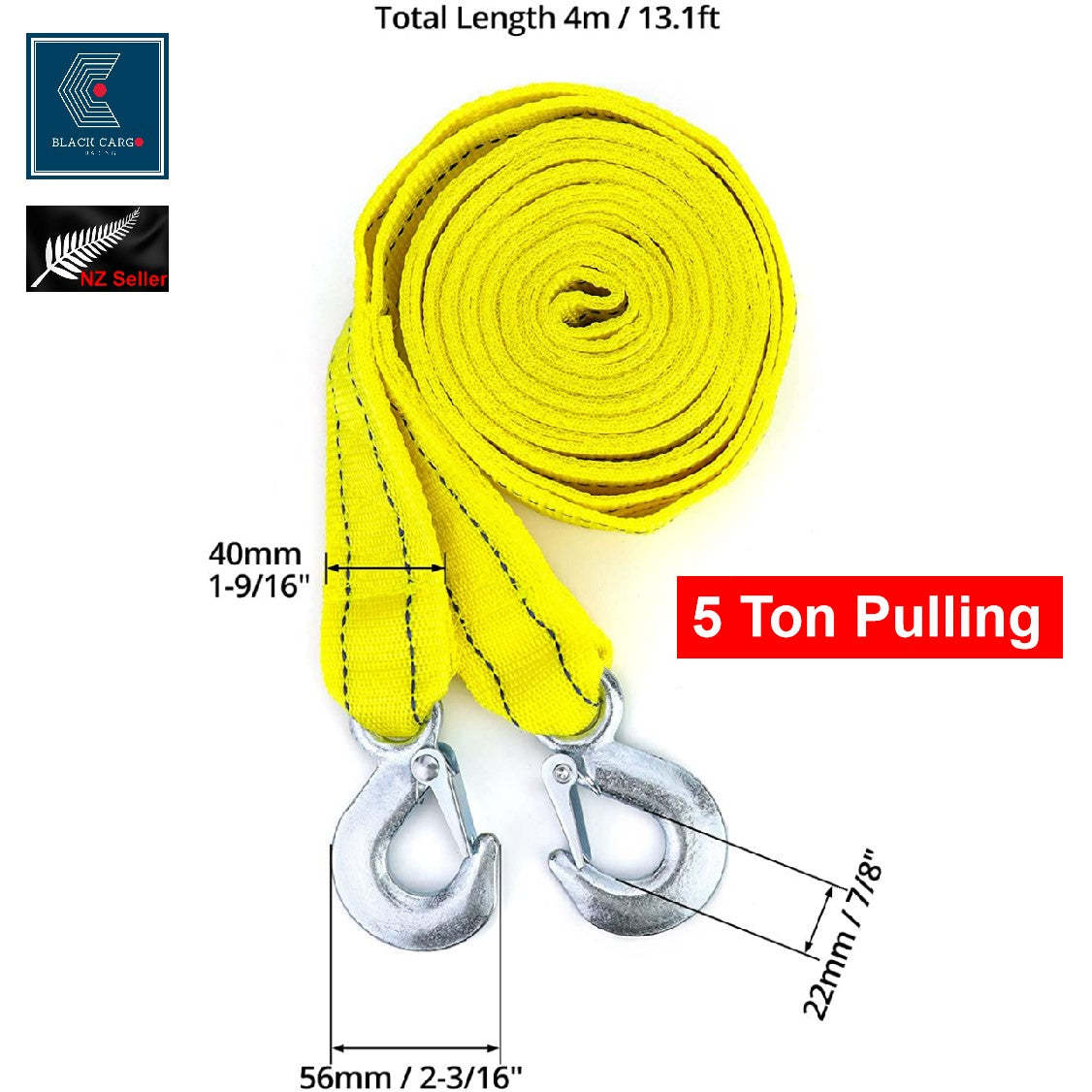 Heavy-Duty Vehicle Tow Strap Tow Rope with Hooks Recovery Rope 5Tons 4Meters