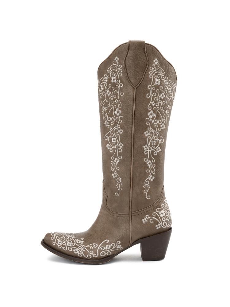 Brown Embroidered Snip-toe Wide Slip-on Mid-Calf Western Cowgirl Boots