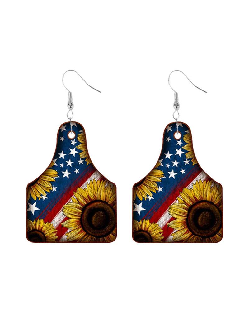 Independence Day Retro Sunflower Pentagram Flag Double-Sided Pu Earrings