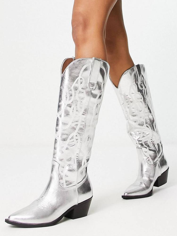 Silver Metallic Stitch Wide Calf Knee High Cowgirl Boots Block Heeled Western Boots