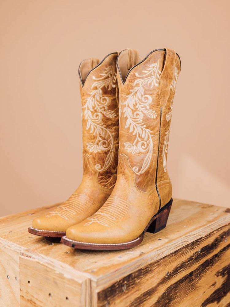 Tawny Floral Embroidered Wide Mid Calf Western Boots With Snip Toe
