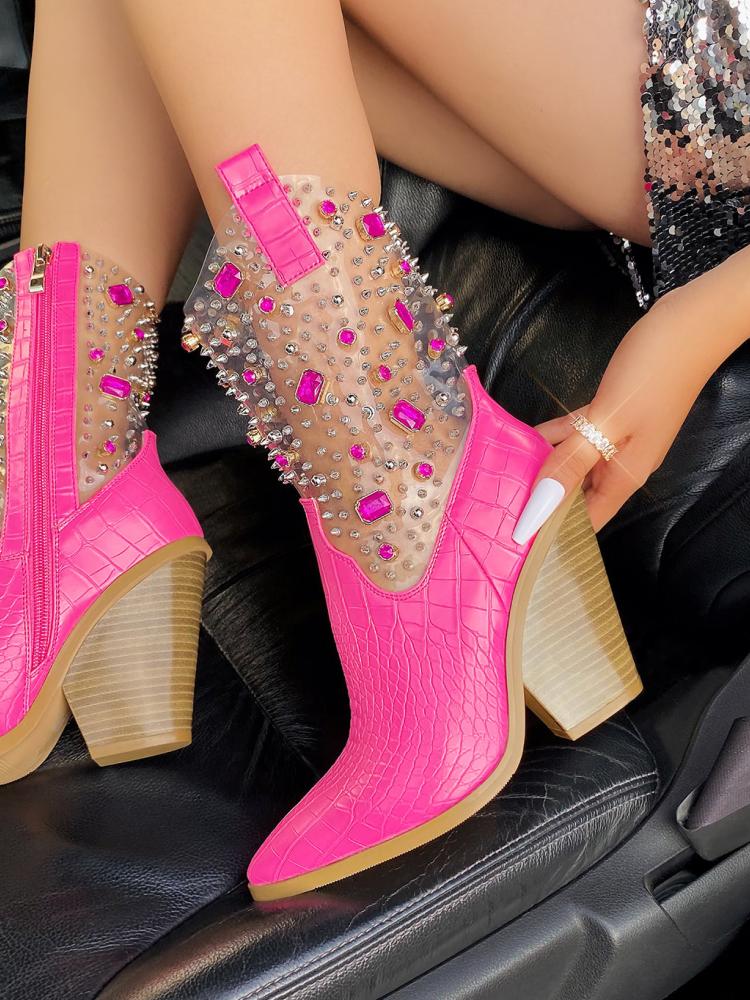 Hot Pink Clear Crocodile Rhinestone Stud Pointy Zipper Western Ankle Boots