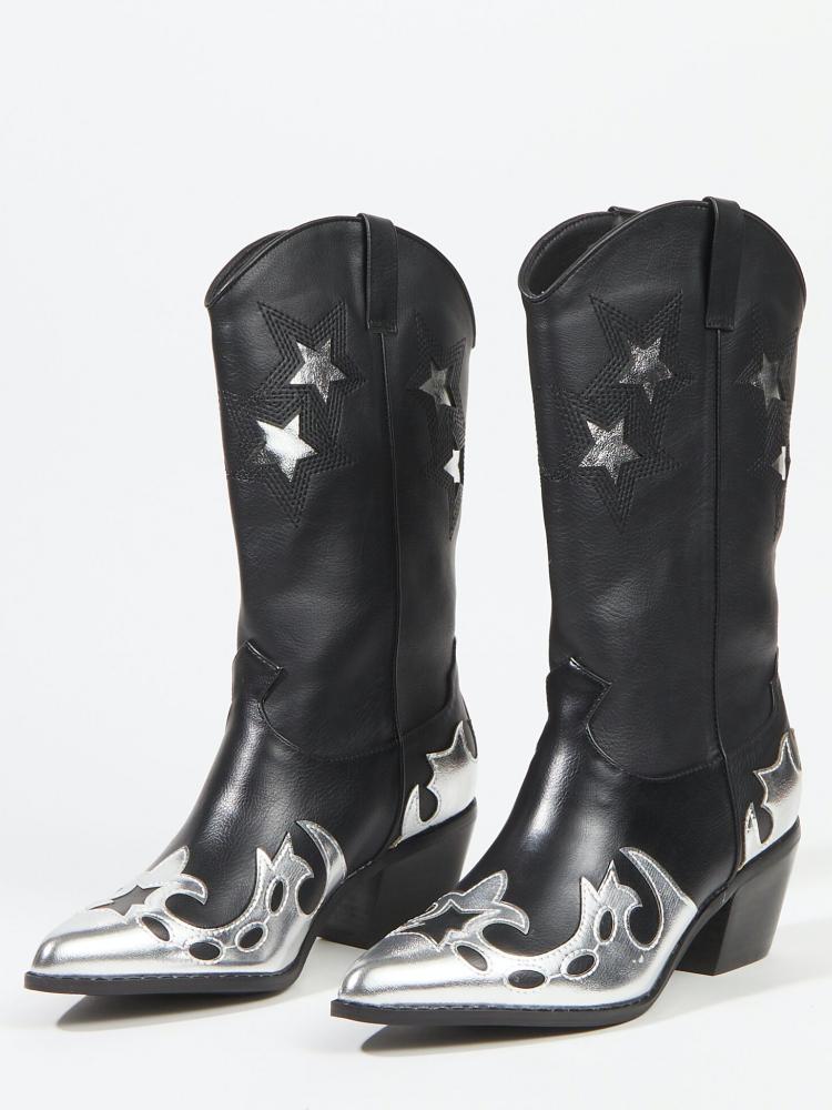 Black Star Metallic Silver Applique Wide Mid Calf Boots Slanted Heeled Cowgirl Boots
