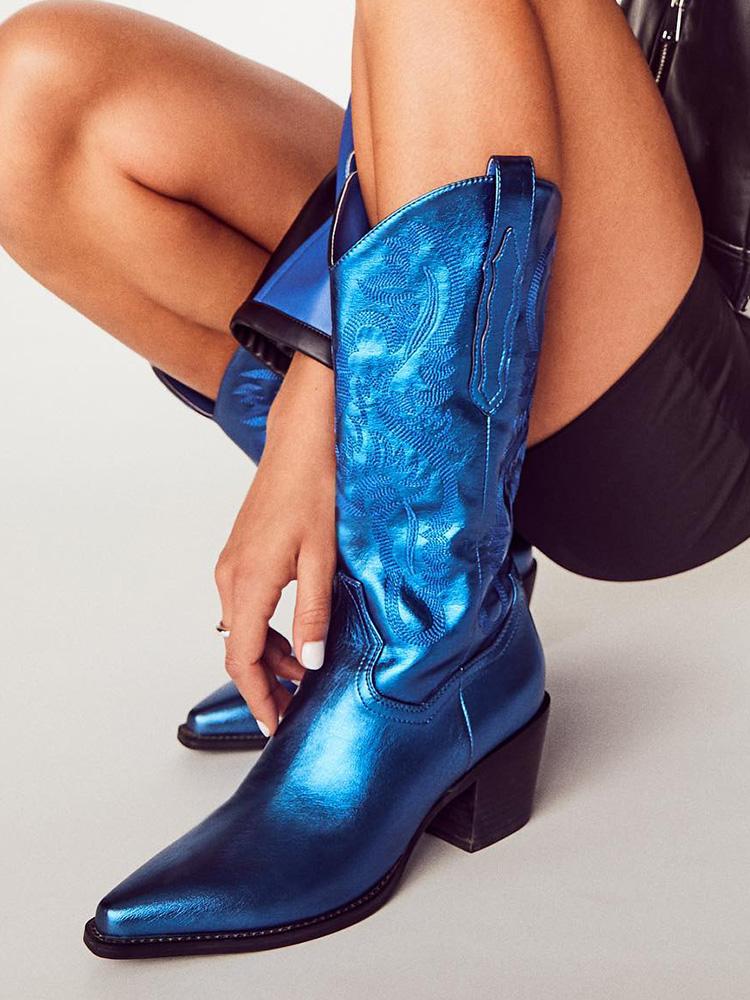 Metallic Blue Embroidered Snip Slip-On Wide Mid Calf Western Boots