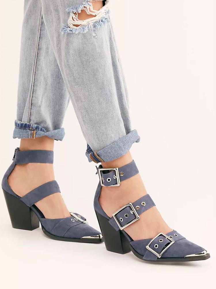 Faux Suede Triple Buckle Pumps With Pointed Toe Back Zipper Western Chunky Heel