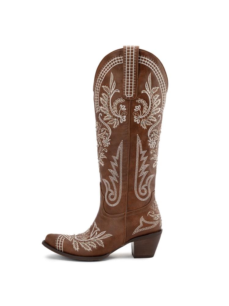 Wide Mid Calf Wedding Cowgirl Vintage Boots For Bride With Rhinestone Floral Leaf Embroidery