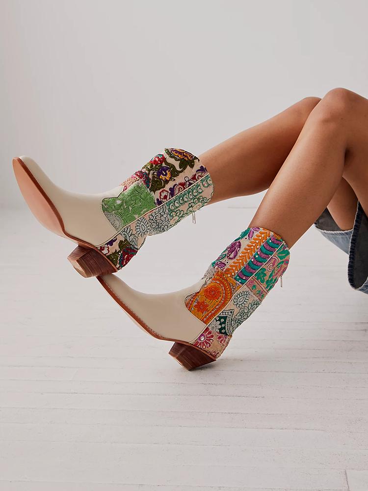 Ivory Crystal Floral Colorful Embroidered Cowgirl Mid Calf Boots With Back Zip Pointy Toe