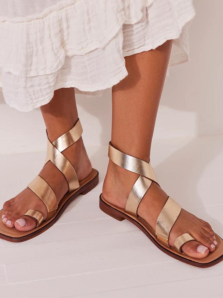 Toe-Ring Ankle Buckle Cross Strap Square-Toe Flat Sandals - Metallic, Snakeskin, Zebra-Strip