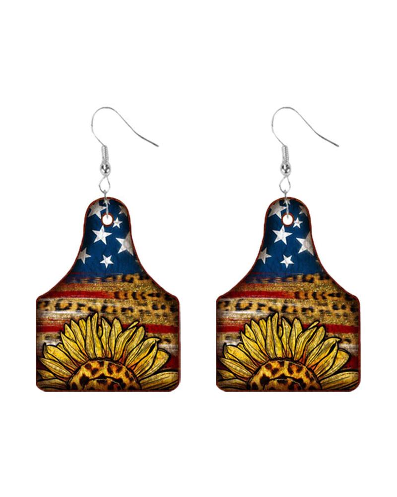 Independence Day Retro Sunflower Pentagram Flag Double-Sided Pu Earrings