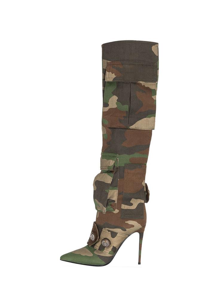 Army Green Camouflage Pocket Pointed-toe Stiletto Heel Slip-on Knee High Fashion Denim Boots With Buttons