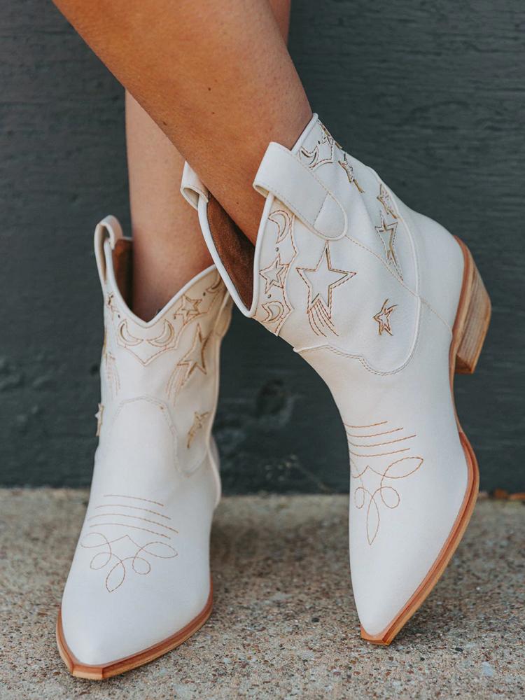 White Star Embroidered Slip-On Pointy Chunky Heeled Western Cowgirl Ankle Boots