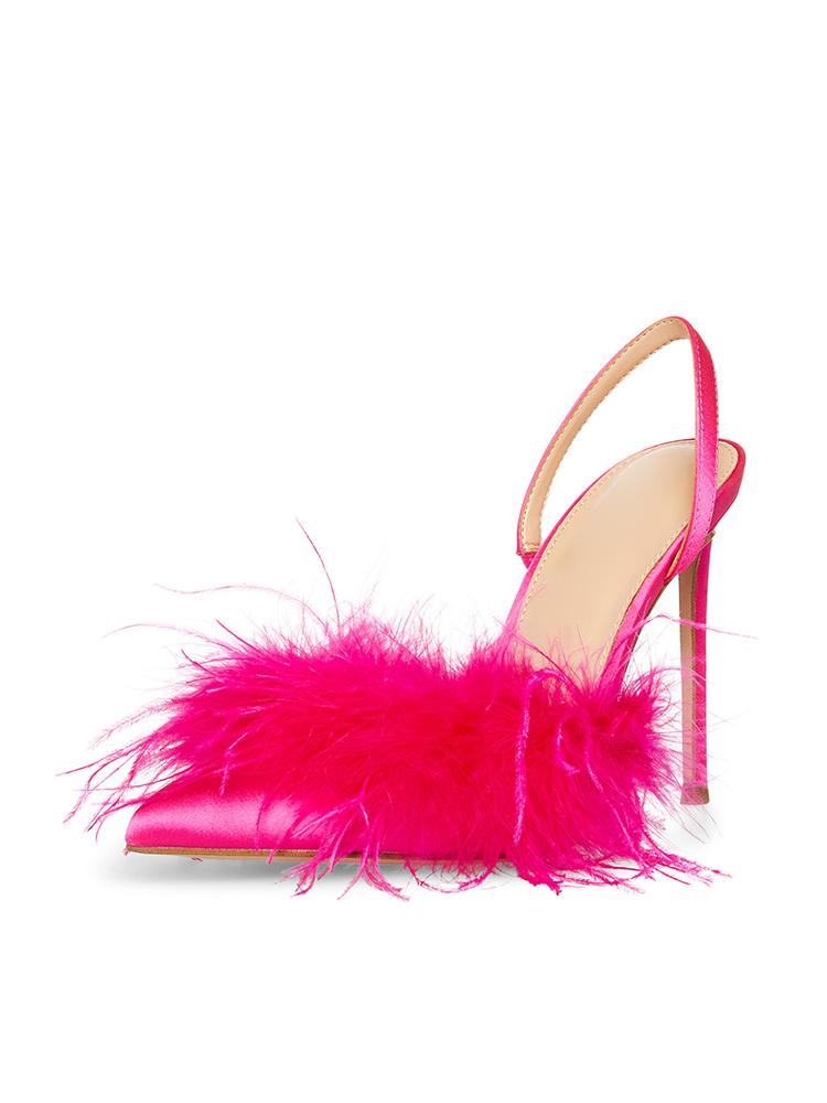 Hot Pink Satin Pointed-toe Slingback Back Strap Fluffy Slip-on High Heeled Sandal