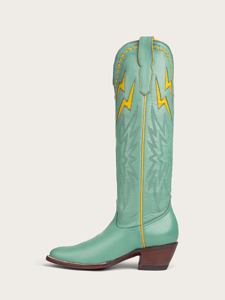 Mint Green Knee High Tall Boots Round Cowgirl Wide Calf Boots With Yellow Lightning Inlay Stitch