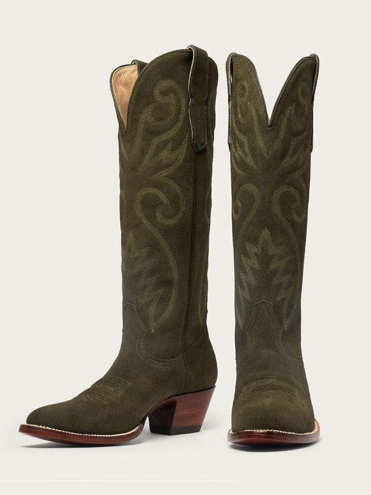 Olive Green Embroidered Faux Suede Round Toe Wide Calf Western Knee High Boots