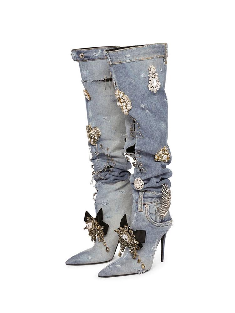 Pins Splice Pointed-toe Stiletto Heel Slip-on Knee High Fashion Ripped Denim Boots With Jewels