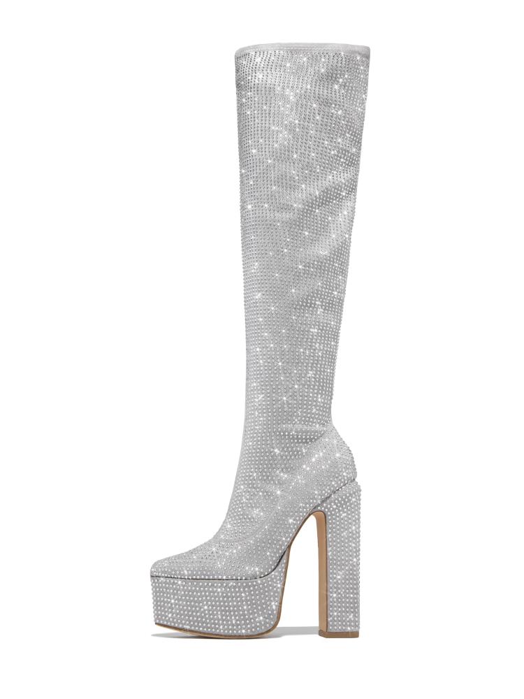 Rhinestone Platform Thigh High Boots Pointy Chunky Heeled Over-The-Knee Tall Boots