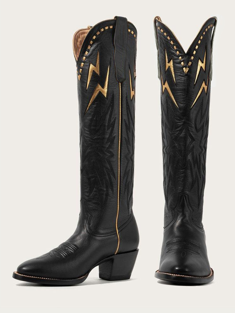 Black Inlay Lightning Embroidered Slip-On Knee High Boots Round Toe Heeled Cowgirl Boots