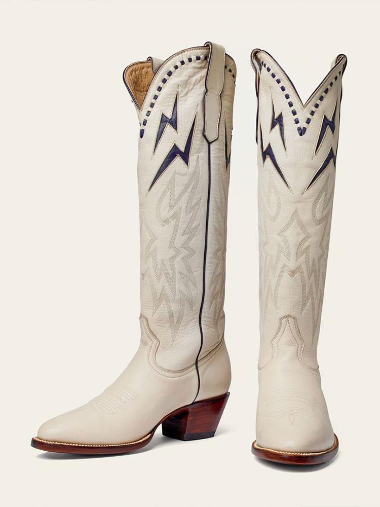 Off White Inlay Lightning Stitch Knee High Boots Slip-On Round Cowgirl Heeled Boots