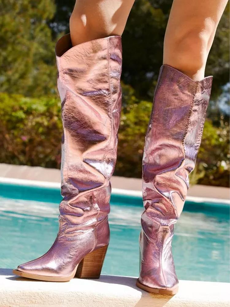 Metallic Pink Pointy Wide Calf Knee High Cowboy Boots For Women