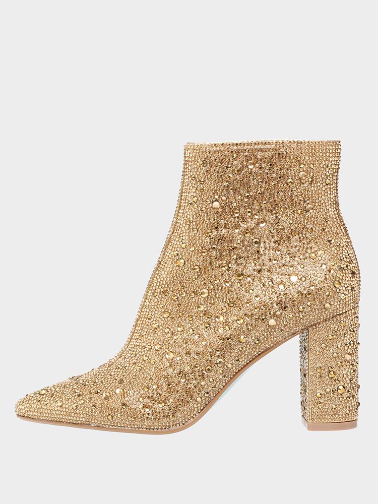 Metallic Gold Rhinestone Zipper Pointy Block Heeled Ankle Boots