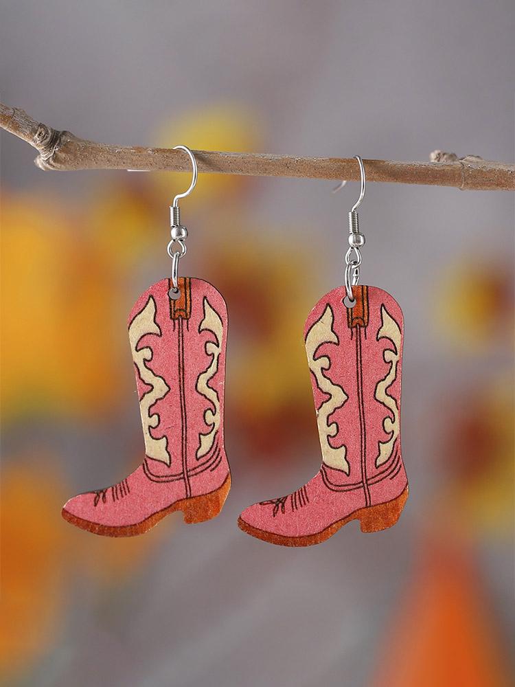 Western Cowboy Boots Double-sided Wooden Printed Earrings