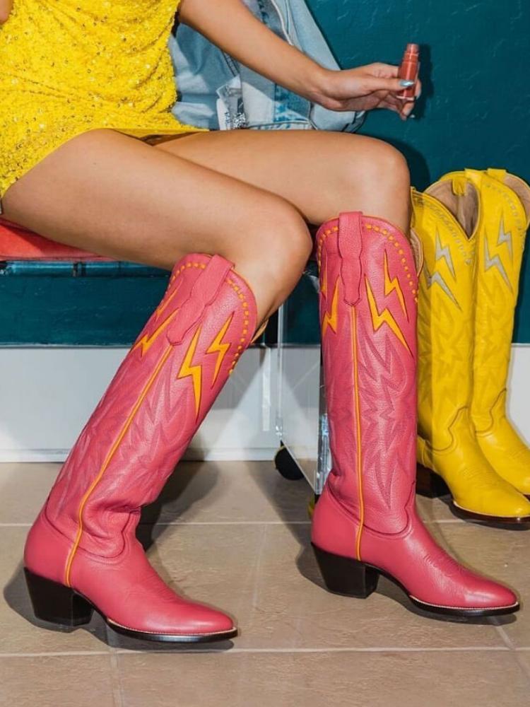 Knee High Tall Boots Round Cowgirl Wide Calf Boots With Yellow Lightning Inlay Stitch
