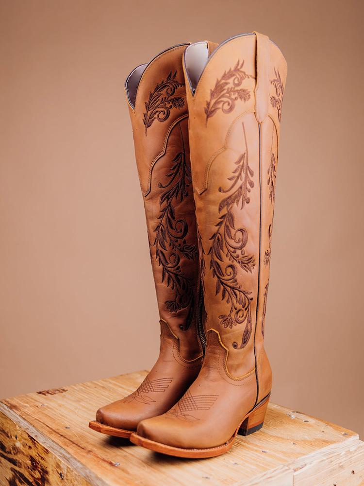 Tawny Floral Embroidered Snip Zip Western Knee-High Boots