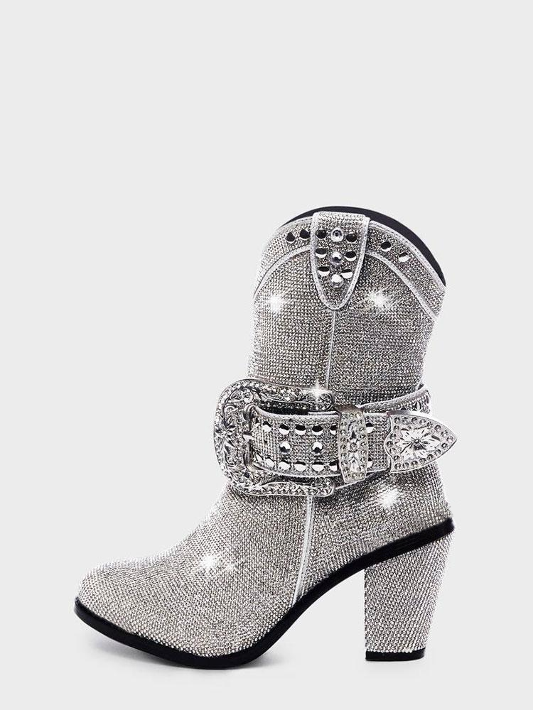 Rhinestone Studs Buckled Ankle Strap Pointy Zip Ankle Western Boots