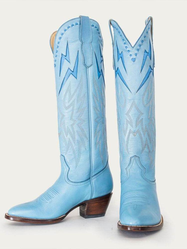 Powder Blue Inlay Lightning Knee High Boots Stitch Slip-On Round Cowgirl Heeled Boots