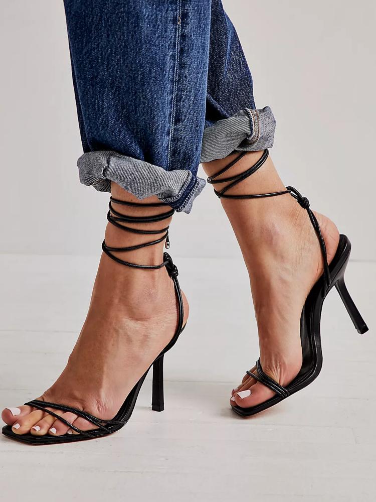 Black Strappy Square Toe Stiletto Heeled Sandals Lace-Up Gladiators