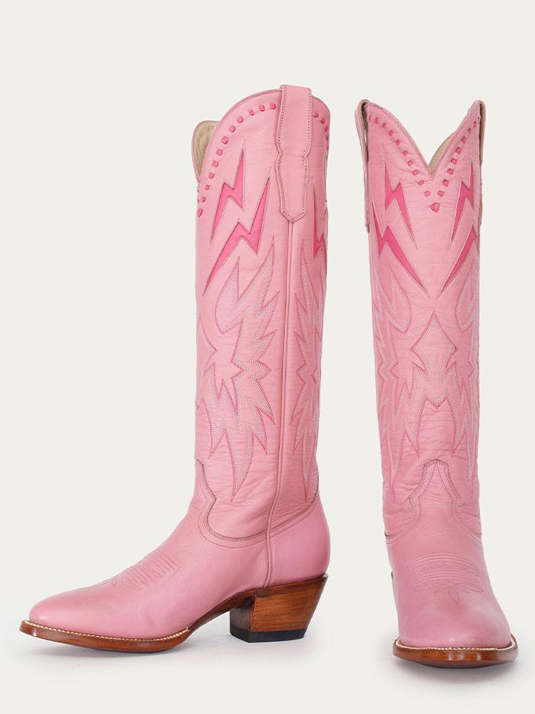 Pink Inlay Lightning Stitch Knee High Boots Slip-On Round Cowgirl Heeled Boots