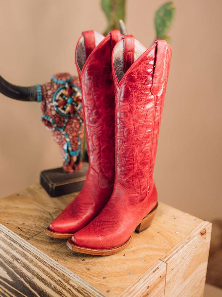Red Eagle Embroidered Knee High Western Boots With Snip Toe Zipper