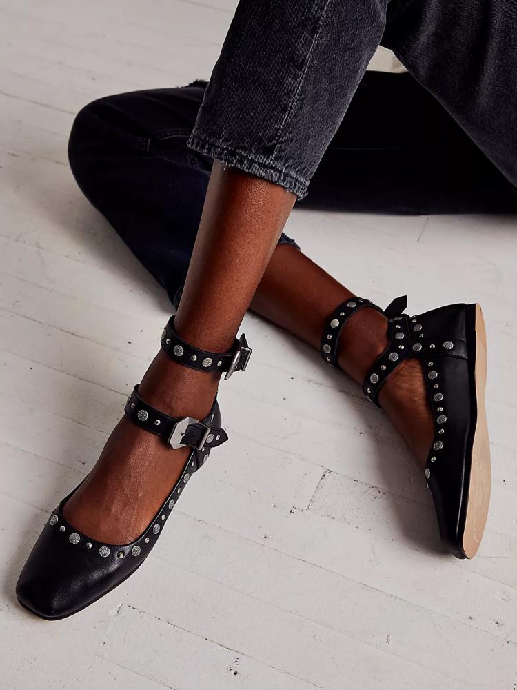 Black Stud Double Buckled Strap Square Toe Mary Jane Flats