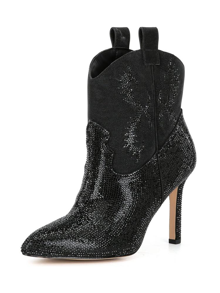 Rhinestone Cowgirl Ankle Boots In Black Silver Stiletto High Heeled Western Booties